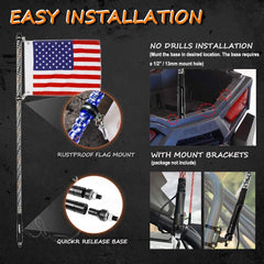 3FT RF Remote Control LED Whips Light with Dacning/Chasing Light with Hookup and American Flag for Off- Road Vehicle ATV UTV RZR Jeep Trucks Dunes