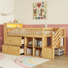 Twin Size Loft Bed with LED and Bookshelf, Wood Low Loft Bed with