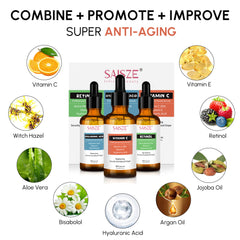 SAISZE Face Serum Set, 3 Pcs Anti-Aging Vitamin C Serum & Hyalurionic