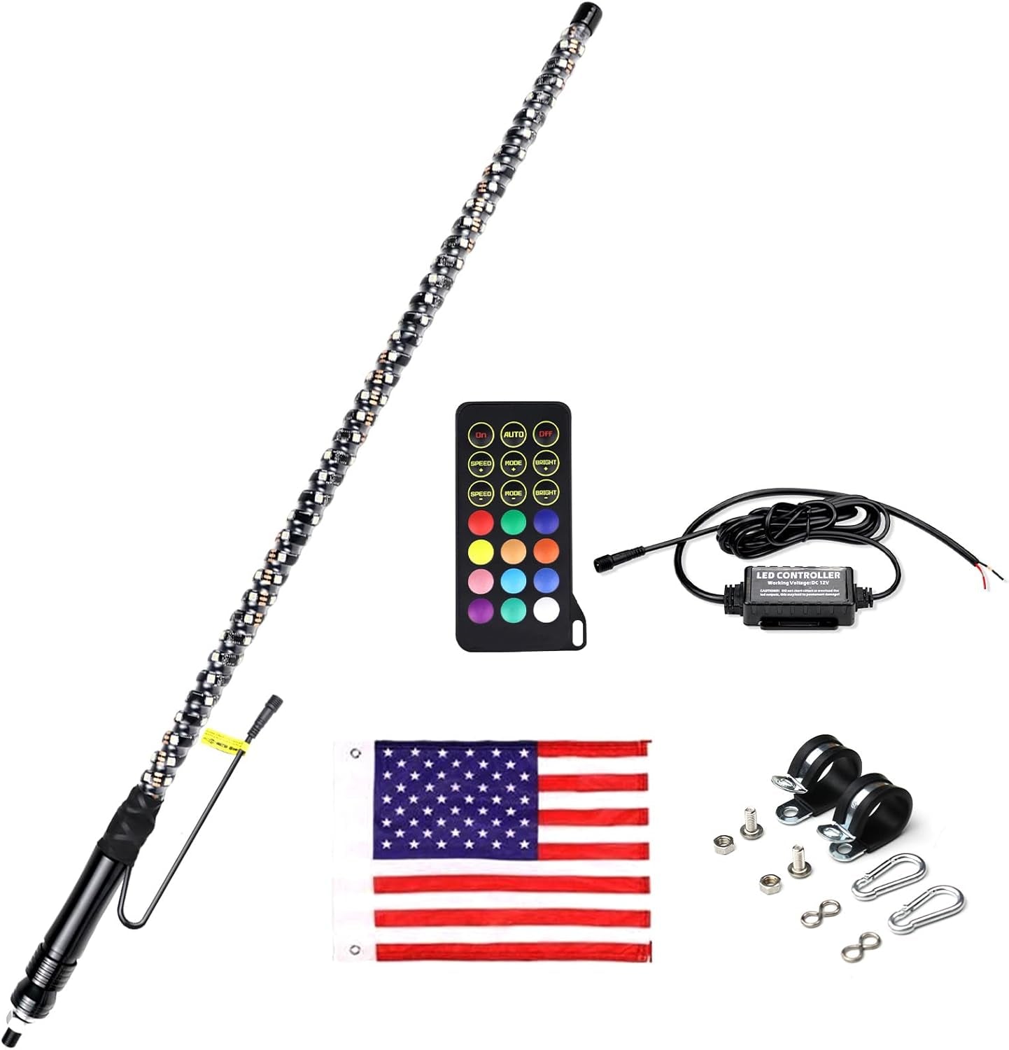 3FT RF Remote Control LED Whips Light with Dacning/Chasing Light with Hookup and American Flag for Off- Road Vehicle ATV UTV RZR Jeep Trucks Dunes