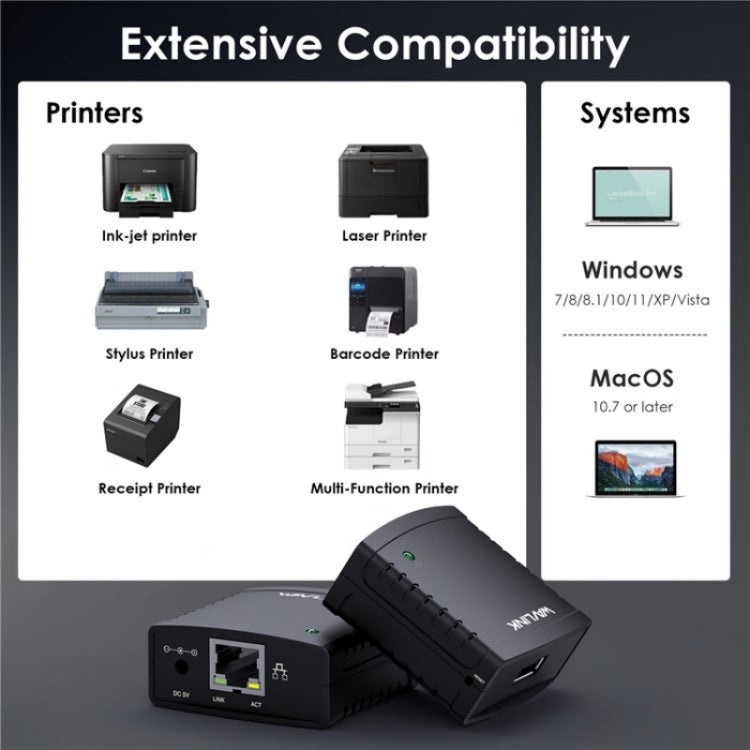 WAVLINK NU72P11 100Mbps Network Print Server USB 2.0 Network Printer