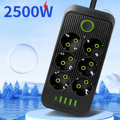 F06 2m 2500W 6 Plugs + PD + 4-USB Ports Multifunctional Socket With