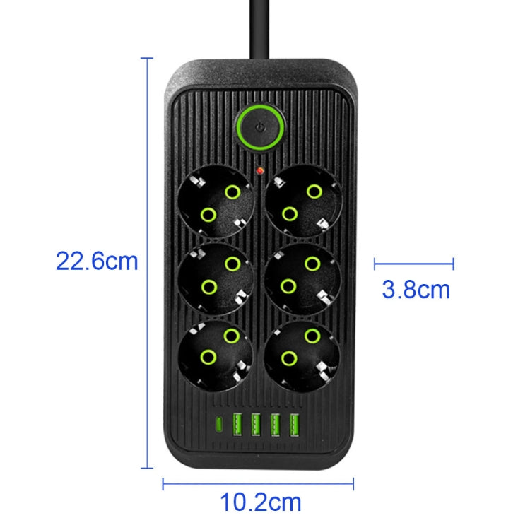 F06 2m 2500W 6 Plugs + PD + 4-USB Ports Multifunctional Socket With