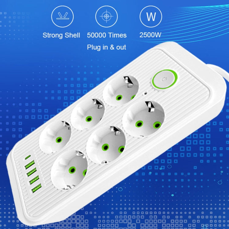 F06 2m 2500W 6 Plugs + PD + 4-USB Ports Multifunctional Socket With
