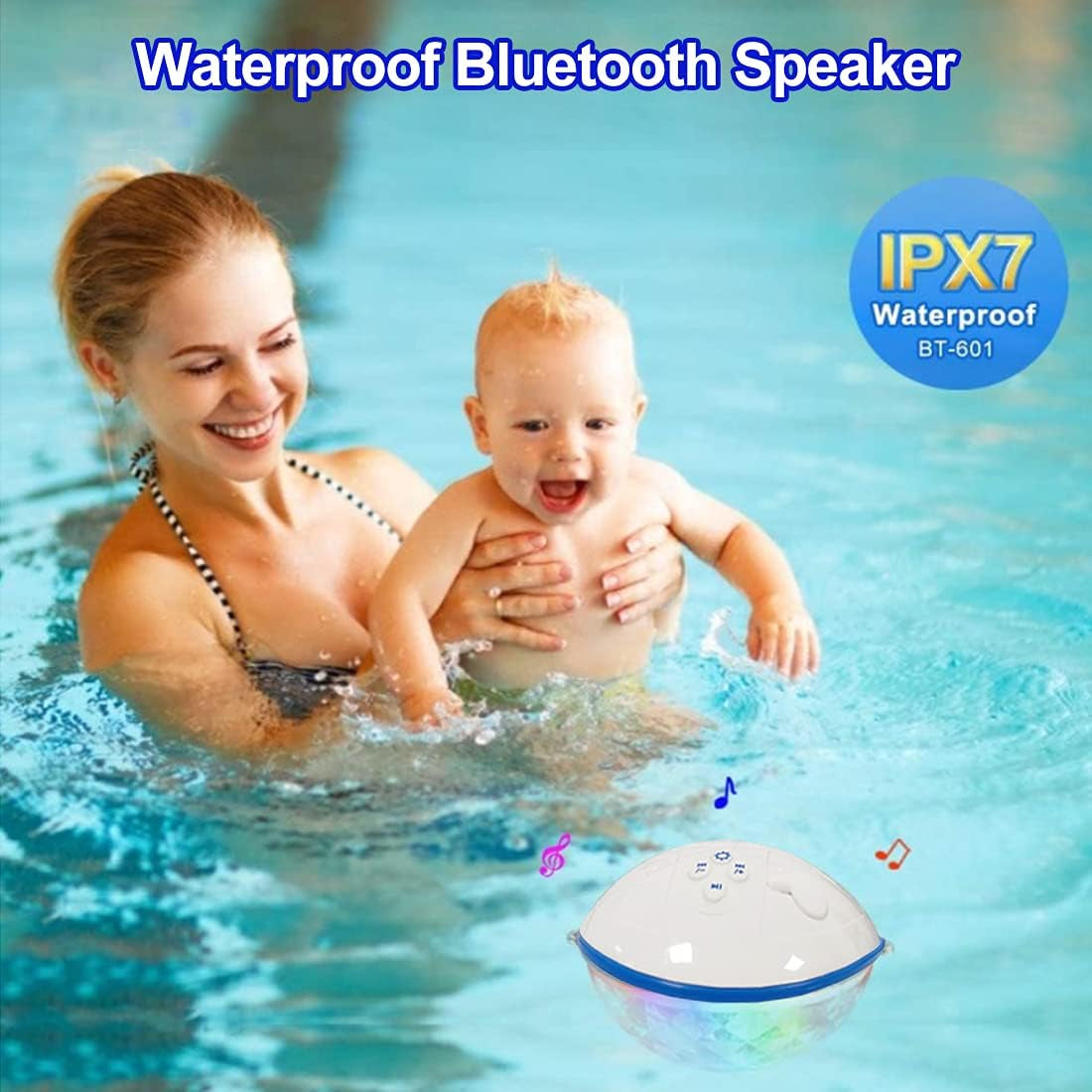 Pool Bluetooth Speakers with LED Lights,Ipx7 Waterproof Floating Speaker,Stereo Sound,Built-In Mic,Wireless Shower Speaker for Hot Tub,Kayaking,Outdoor Travel,Picnic (Updated)