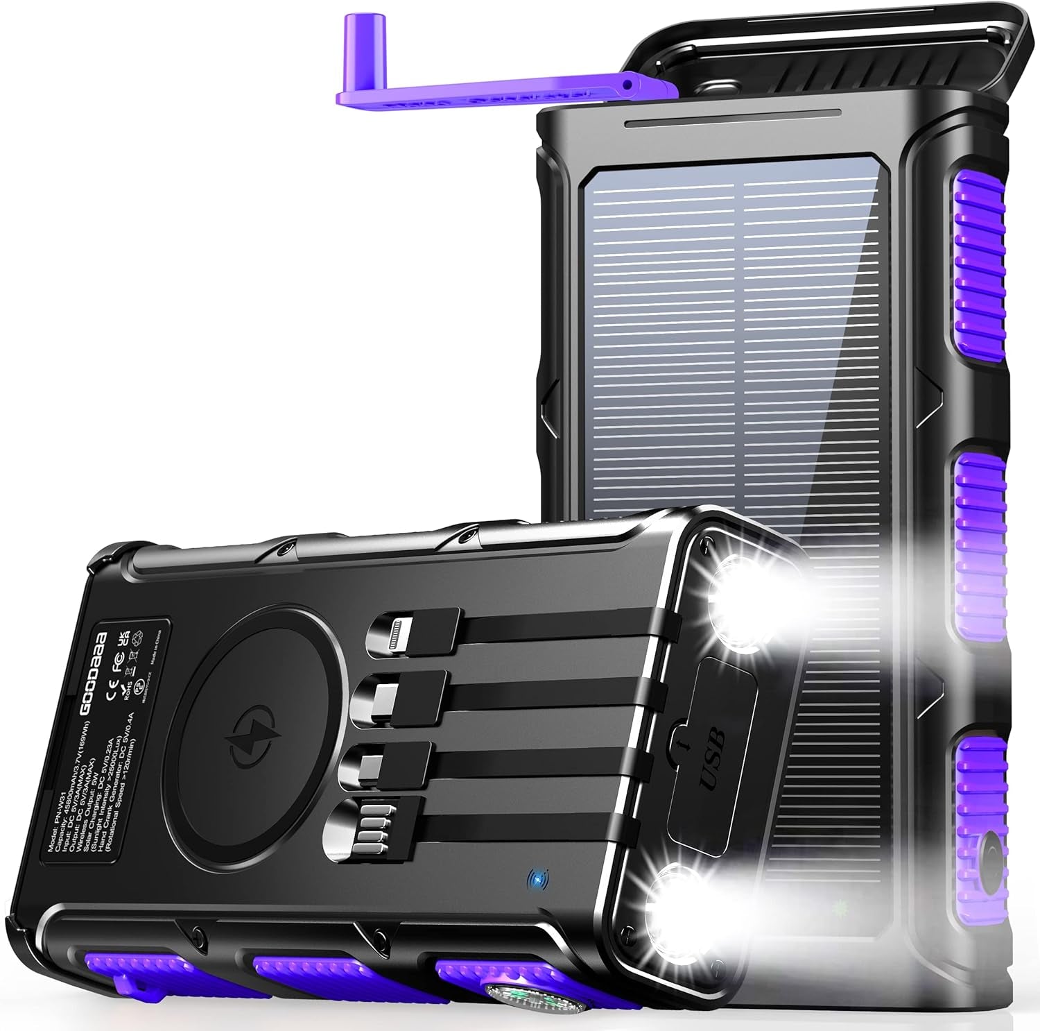 Power Bank Wireless Charger 45800Mah Built in Hand Crank and 4 Cables 15W Fast Charging Power Bank 7 Outputs & 4 Inputs Solar Portable Charger, Sos/Strobe/Strong Flashlights, Compass