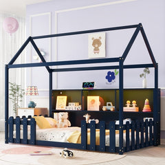 Twin Size House Bed with LED Light, Wood House Bed with Storage