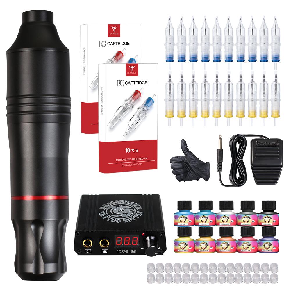 Complete Tattoo Kit Motor Pen Machine Gun 10 Color Inks Power Supply